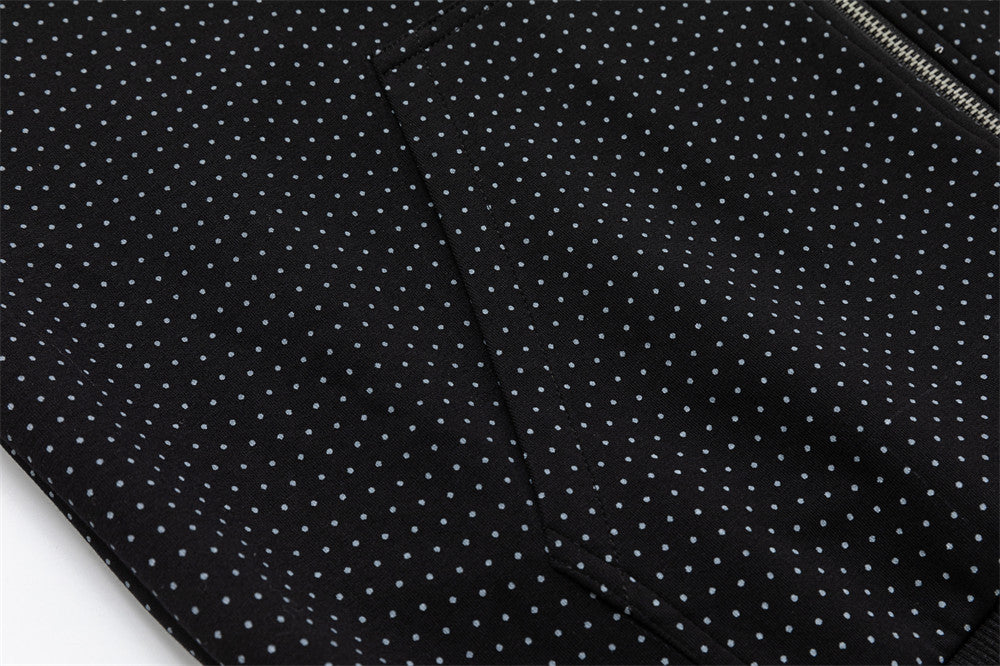 Men's Black Polka Dot Zip-Up Hoodie with Music Note Sleeve Tape