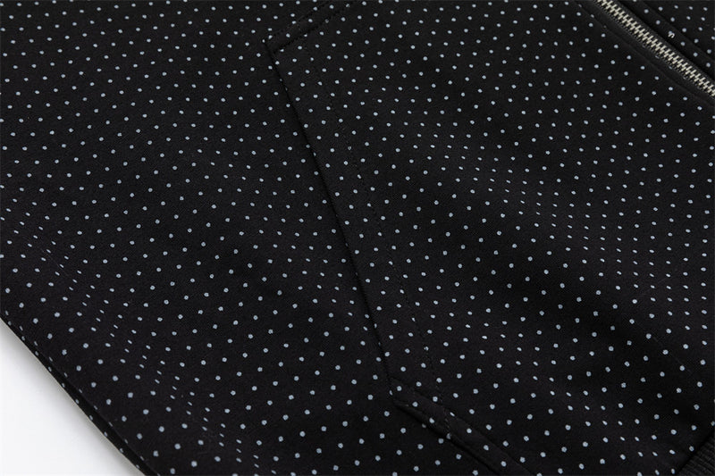 Men's Black Polka Dot Zip-Up Hoodie with Music Note Sleeve Tape