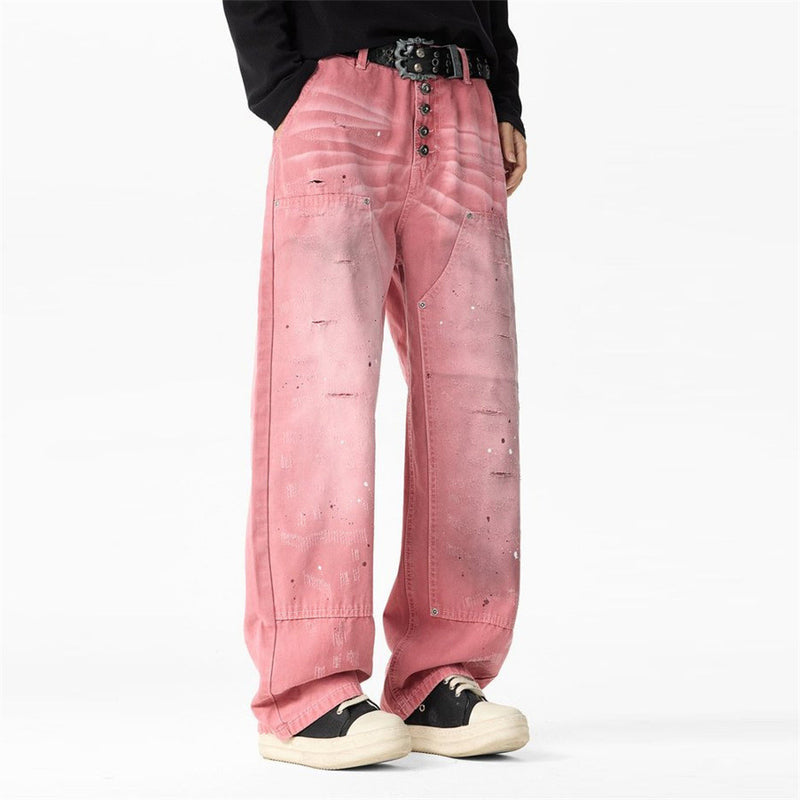 Rosa Wide-Leg-Canvas-Hose mit Destroyed-Details – Paint-Splatter-Workwear-Jeans