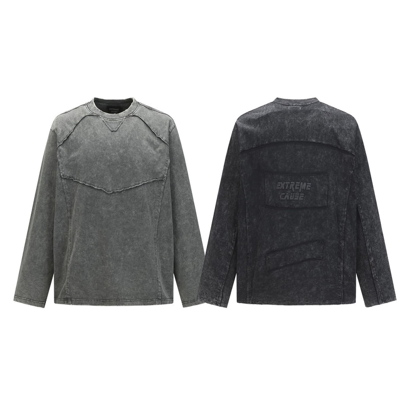 Pull homme gris à col rond – Délavé à l’acide, déstructuré, manches longues à bords bruts