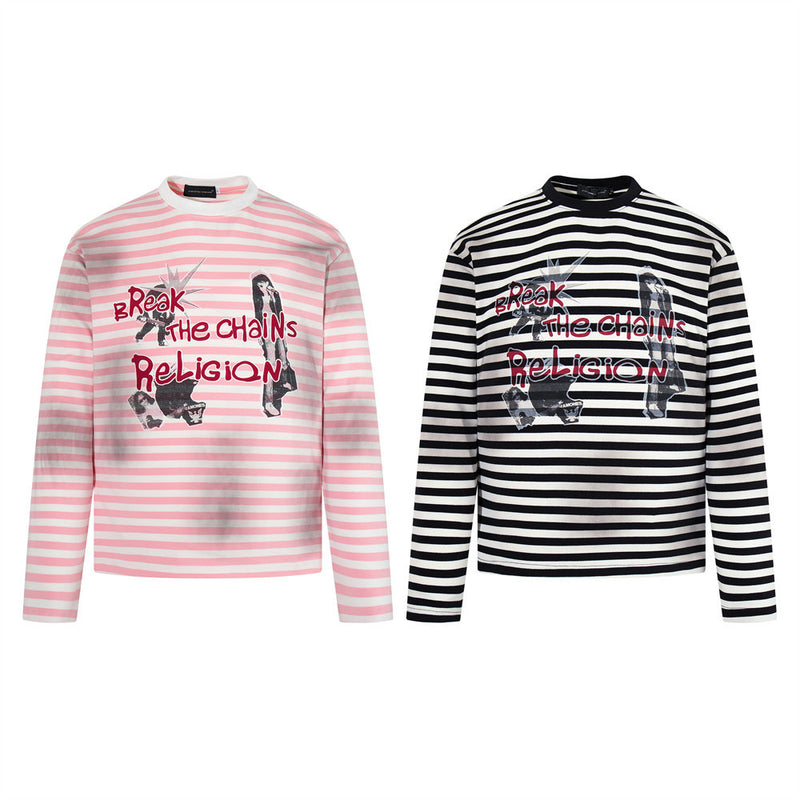 Striped Long-Sleeve Tee with Punk Graphic Print – Relaxed Fit