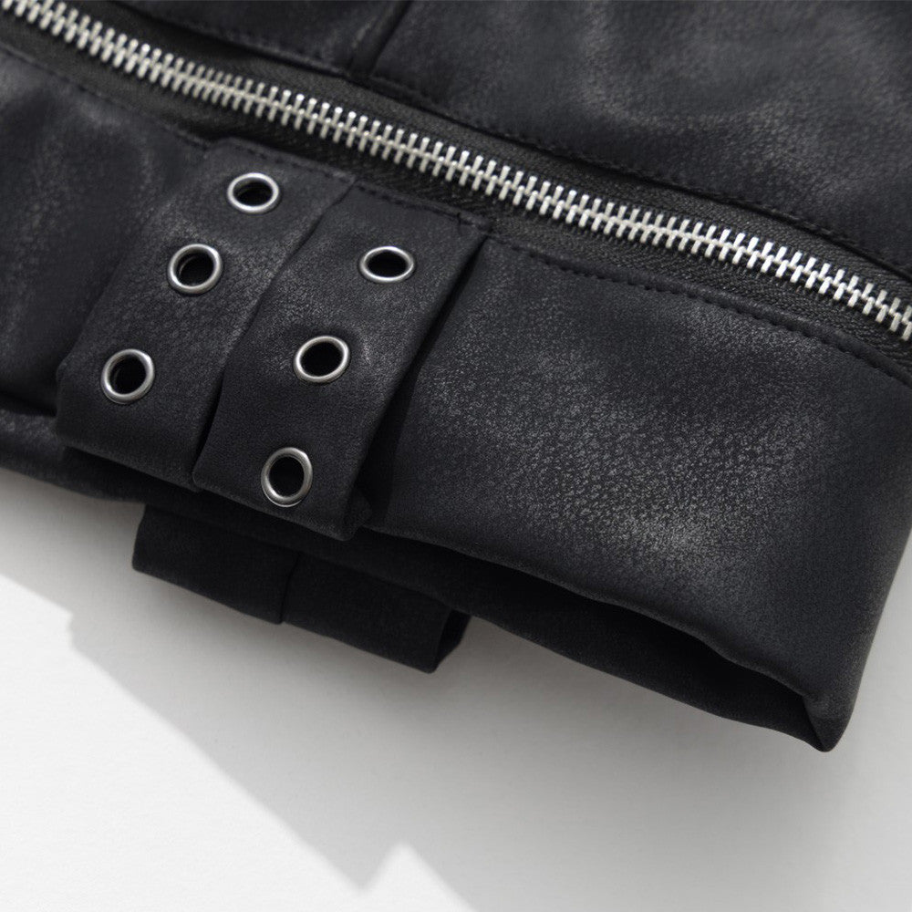 Black Punk PU Leather Hooded Jacket with Faux Fur Trim & Buckle Strap Sleeves
