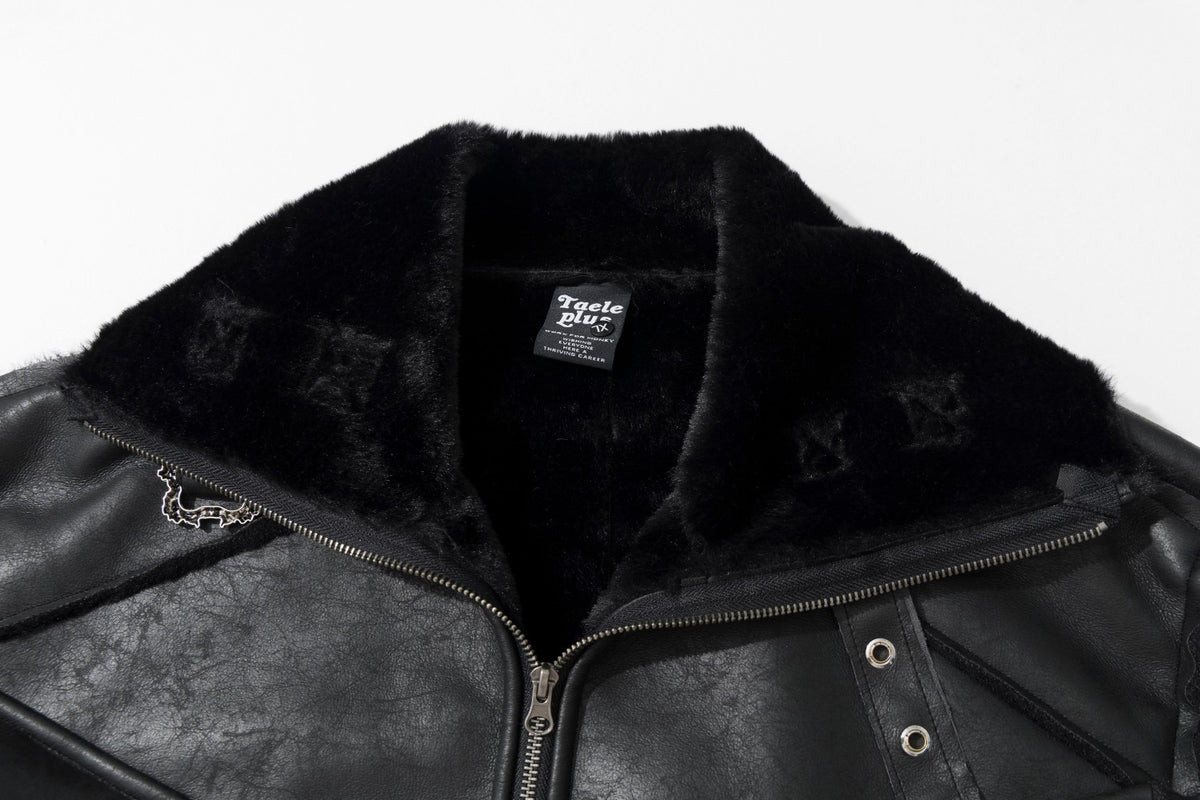 Leather Jacket with Fur Collar – Black Bomber Moto Jacket with Cargo Pockets &