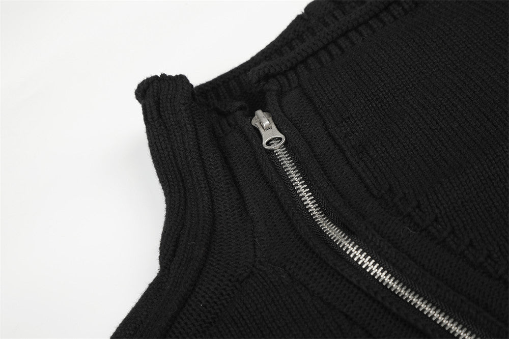 Veste en maille noire pour homme à col montant et zip diagonal asymétrique