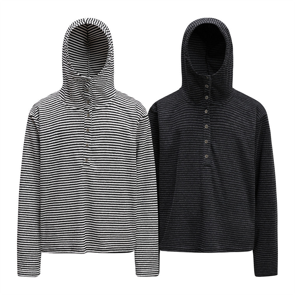 Striped Henley Hoodie – Men's Vintage-Inspired Pullover with Button Placket