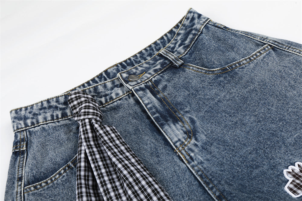 Cartoon Embroidered Wide-Leg Denim Shorts with Detachable Plaid Scarf Tie