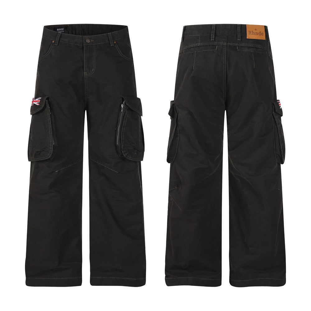Wide-Leg Cargo Pants with Union Jack Patch and Multi-Pocket Design