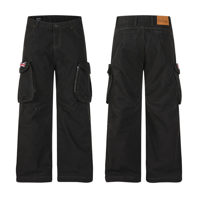 Wide-Leg Cargo Pants with Union Jack Patch and Multi-Pocket Design