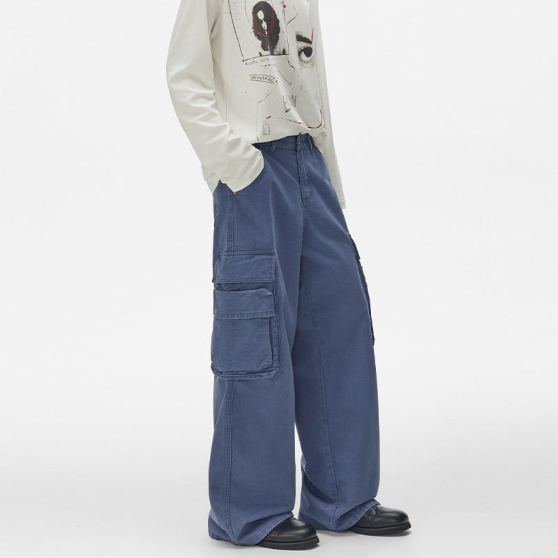 Pantalon cargo homme à jambes larges – Pantalon droit délavé à poches multiples