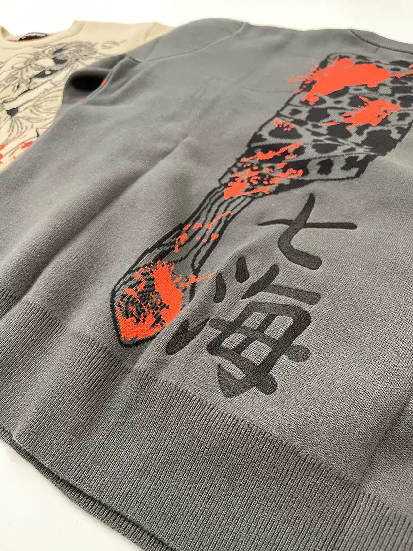 Nanami Kento Blood Splatter Anime Knit Crewneck Sweater Dark Charcoal