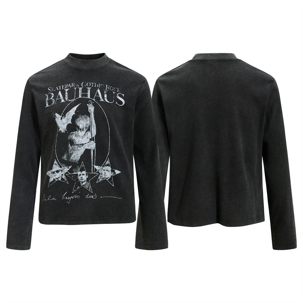 Washed black waffle-knit long sleeve shirt with Bauhaus gothic rock graphic print on chest, mock neck collar, front and back