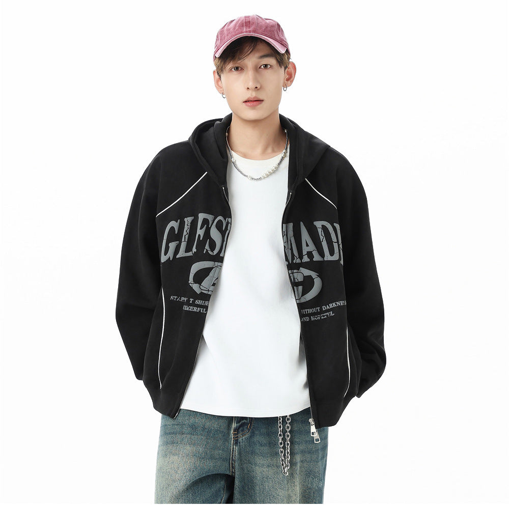 GLFSMADE Letter Print Zip-Up Hoodie – Double-Zip Oversized Streetwear Jacket