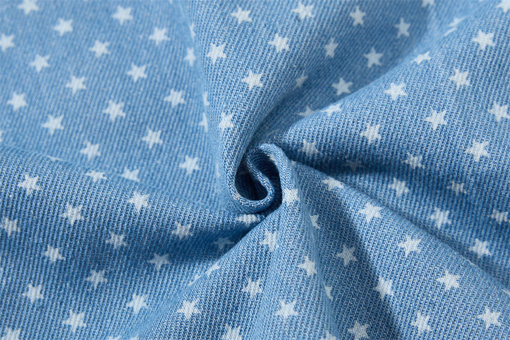 Short Sleeve Button-Up Shirt – All-Over Star Print with Varsity Graphic & Denim