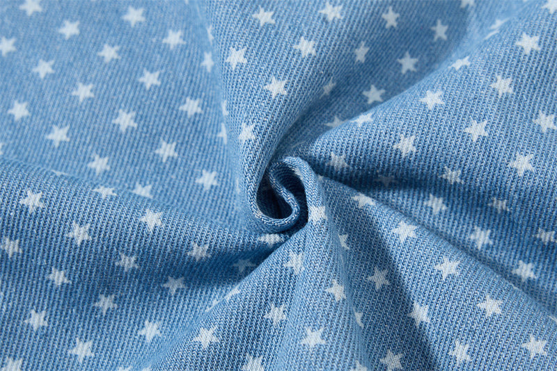 Short Sleeve Button-Up Shirt – All-Over Star Print with Varsity Graphic & Denim