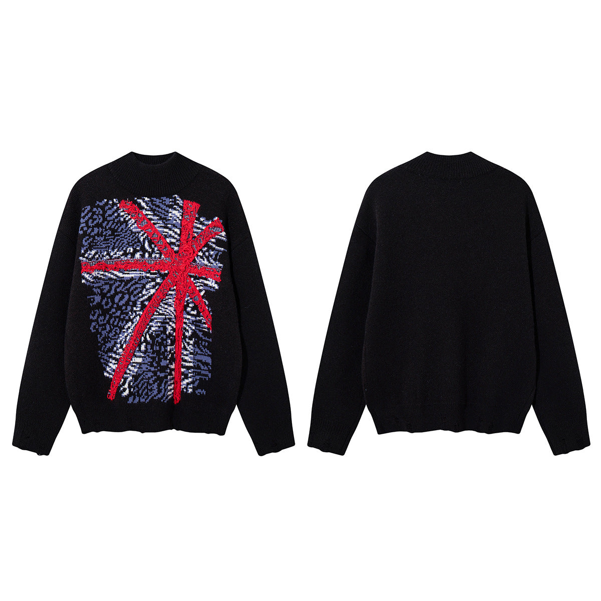 Union Jack Jacquard Knit Sweater – Oversized Crew Neck with Distressed Hem