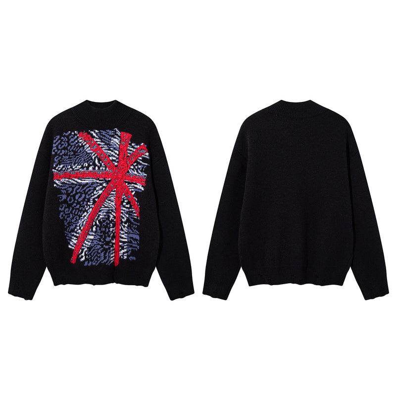 Union Jack Jacquard Knit Sweater – Oversized Crew Neck with Distressed Hem