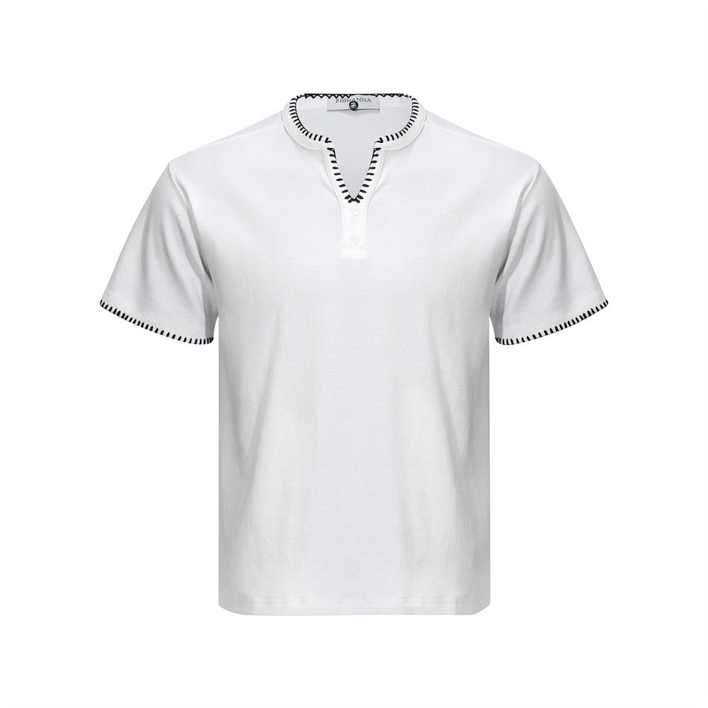Men's white Henley V-neck short sleeve t-shirt with black contrast whipstitch trim on collar and sleeve hems