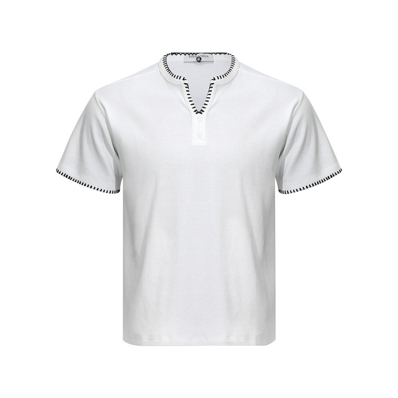 Men's white Henley V-neck short sleeve t-shirt with black contrast whipstitch trim on collar and sleeve hems