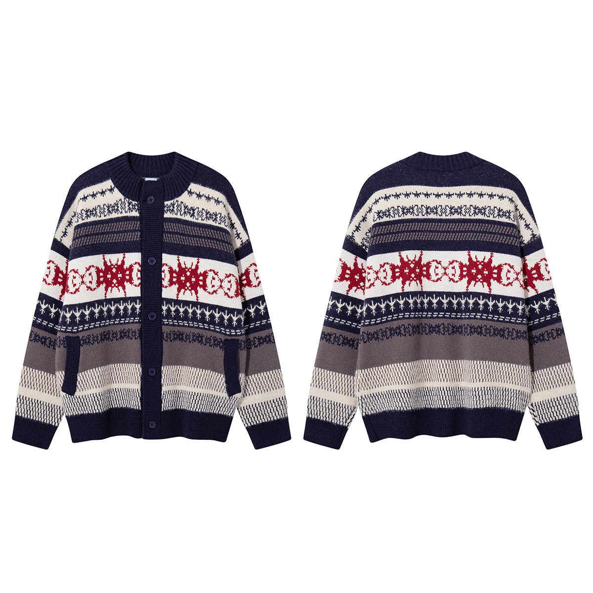 Fair Isle Jacquard Knit Cardigan Sweater – Retro Korean-Style Button-Up