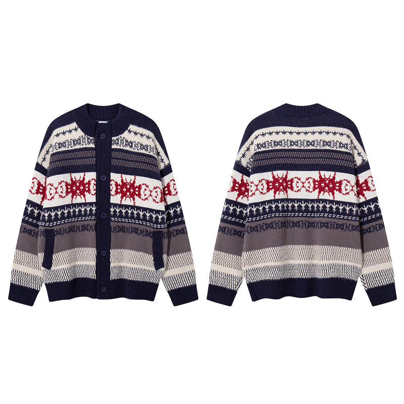 Fair Isle Jacquard Knit Cardigan Sweater – Retro Korean-Style Button-Up