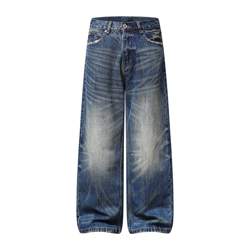 Wide-Leg Distressed Baggy Jeans – Men's Washed Vintage Straight-Cut Denim