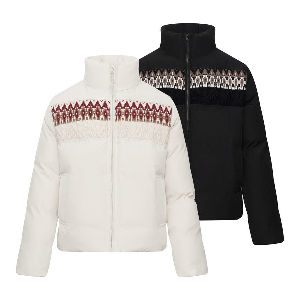 Men's Oversized Puffer Jacket with Fair Isle Knit Panel & Stand Collar