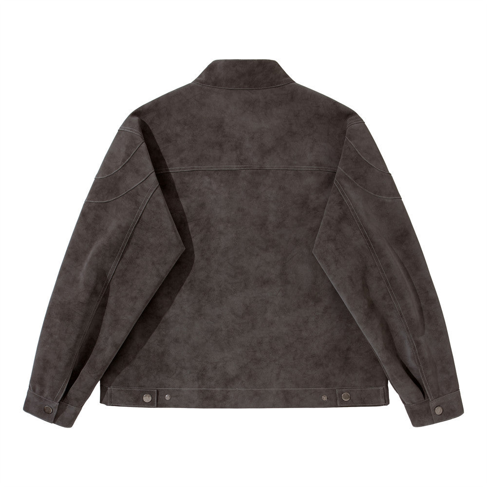 Men's Moto-Style Stand Collar PU Suede Jacket – Oversized Fit