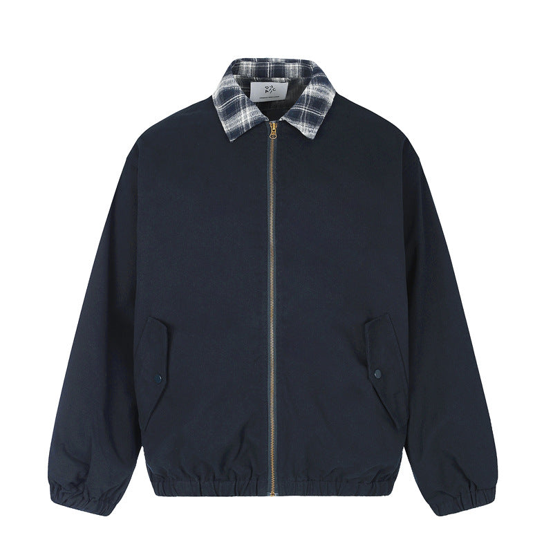 Layered Plaid Collar Bomber Jacket – Relaxed Fit Men's Workwear Zip-Up