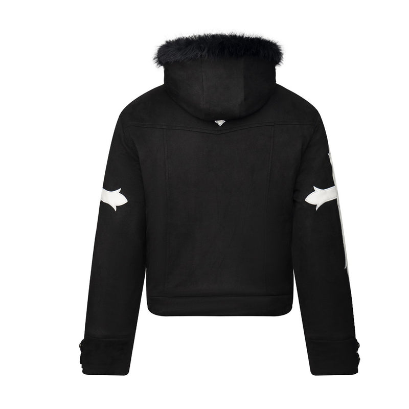 Black Fur-Trim Hooded Bomber Jacket with Arrow Appliqué Sleeves