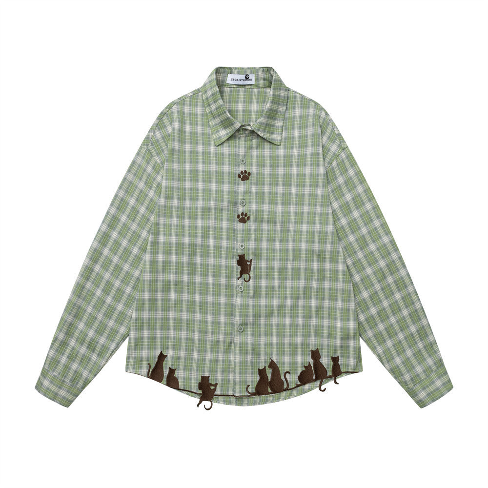 Grünes Karohemd für Herren mit Katzenstickerei – Oversized, Langarm, Button-down