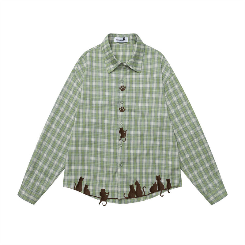 Grünes Karohemd für Herren mit Katzenstickerei – Oversized, Langarm, Button-down