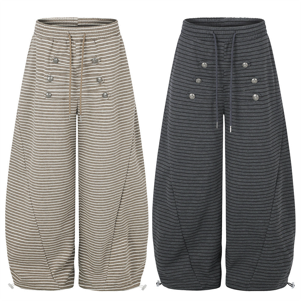Pantalón de Pierna Ancha a Rayas para Hombre con Cintura de Cordón y Botones Cruzados