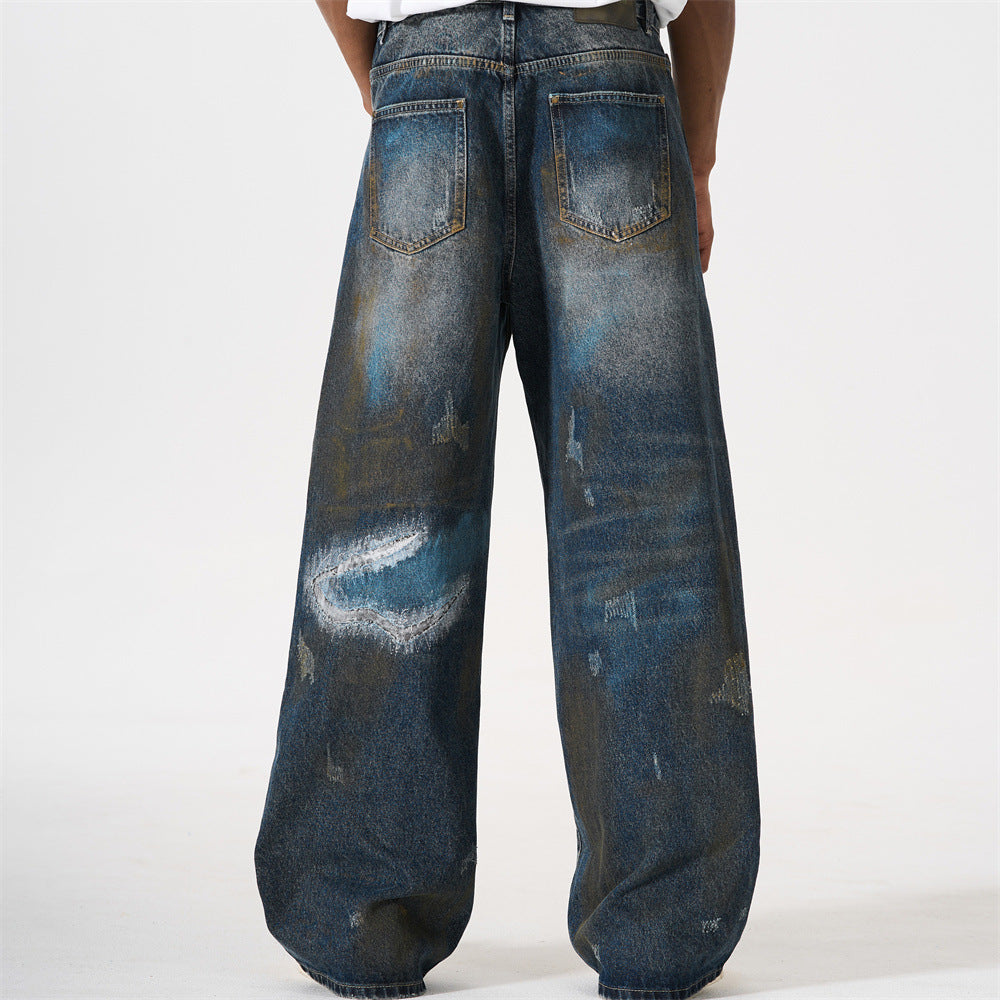 Distressed Patch Wide-Leg Jeans – Grunge Punk Washed Denim