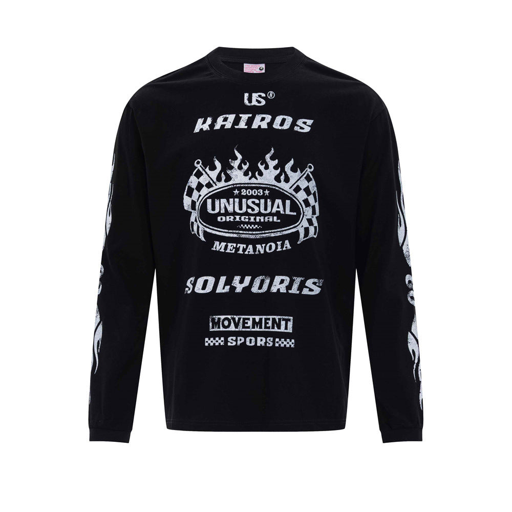 Kairos Unusual Original graphic long sleeve tee in black with white distressed racing and flame print on chest and sleeves