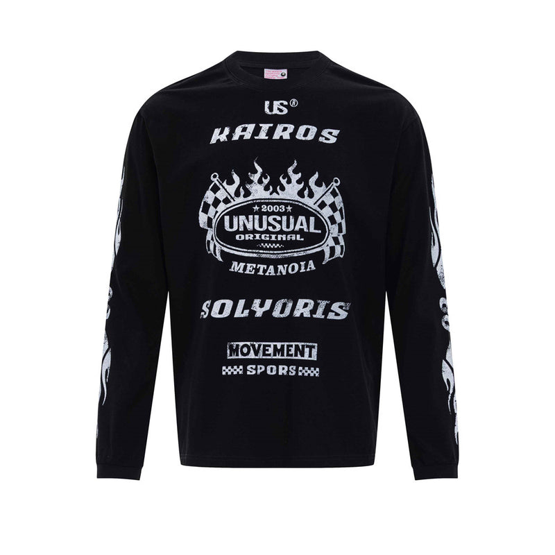 Kairos Unusual Original graphic long sleeve tee in black with white distressed racing and flame print on chest and sleeves