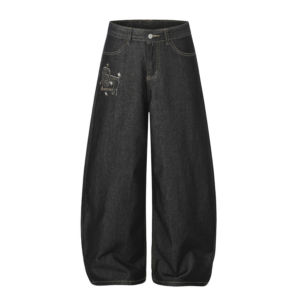 Wide-Leg Barrel Jeans – Dark Black Denim with Camo Pocket & Embroidered Graphic