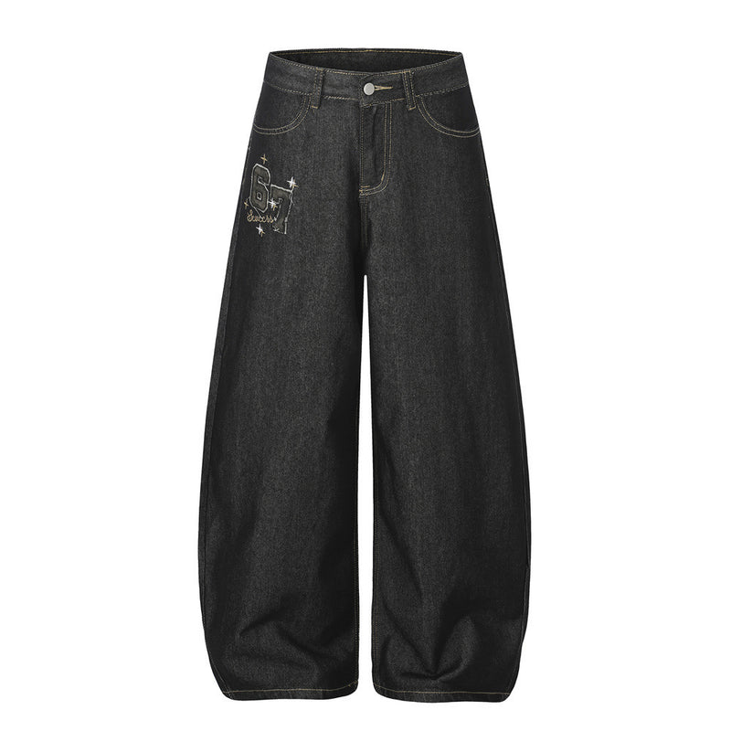 Wide-Leg Barrel Jeans – Dark Black Denim with Camo Pocket & Embroidered Graphic