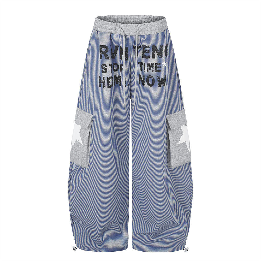 Wide-Leg Cargo Sweatpants with Letter Print & Star Patch Pockets
