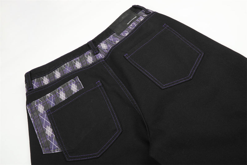 Wide-Leg Jeans with Argyle Patchwork Waistband and Hem Detail