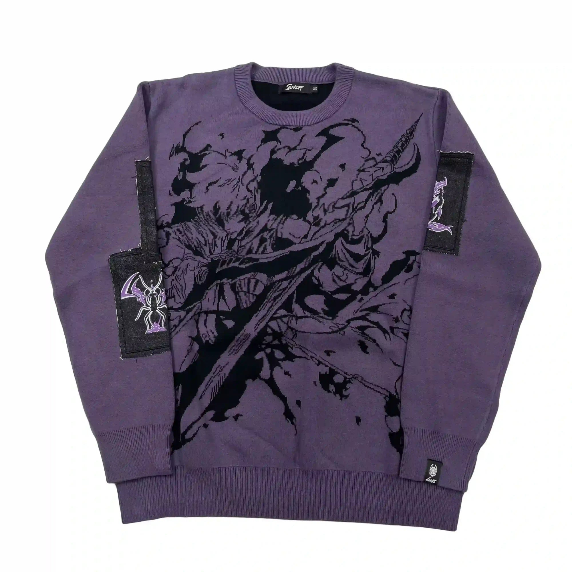Dark Anime Demon Warrior Oversized Knit Sweater with Woven Patch Detail