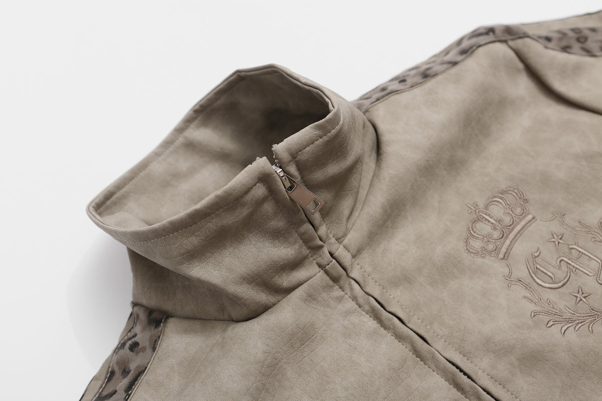 High Neck Leather Jacket with Leopard Side Panels & Crown Emblem