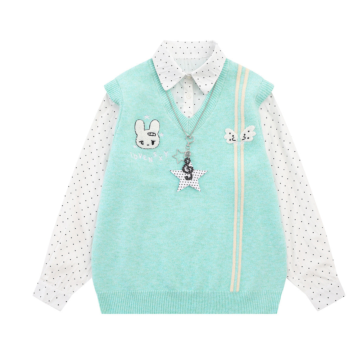 Sweater Faux Two-Piece Knit Vest with Polka Dot Shirt Collar & Bunny Embroidery
