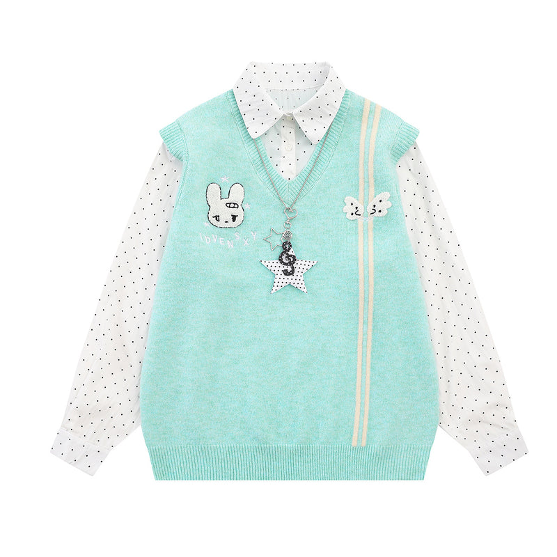 Sweater Faux Two-Piece Knit Vest with Polka Dot Shirt Collar & Bunny Embroidery