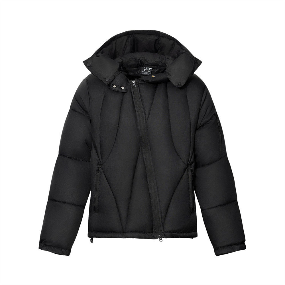Puffer Jacket with Hoodie – Diagonal Zip Men's Winter Down Coat