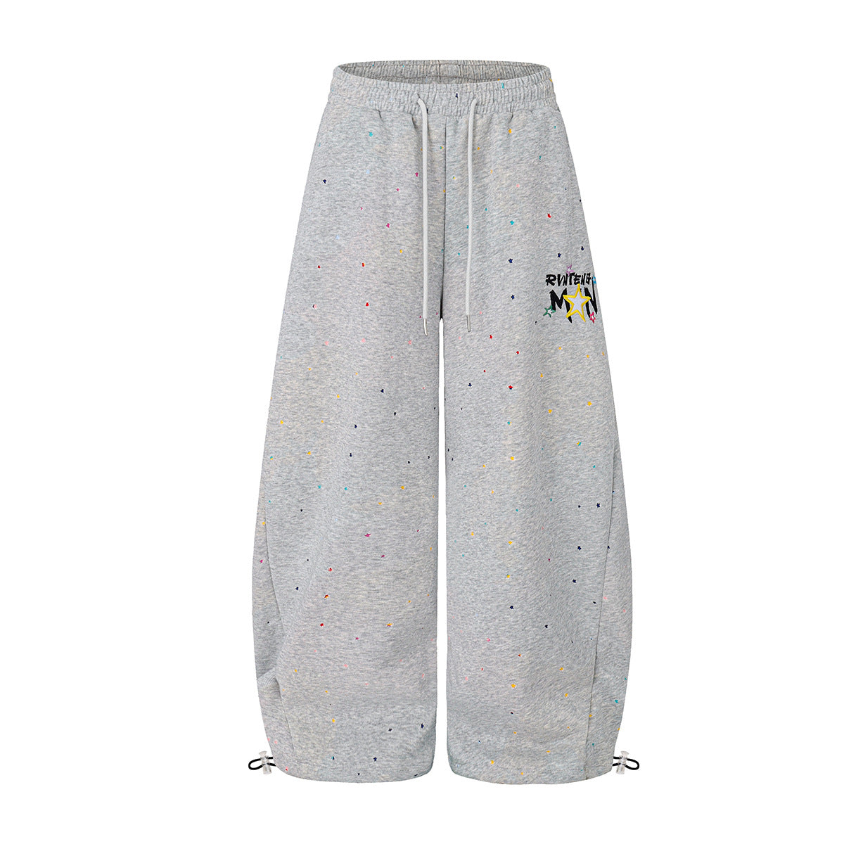 Wide-leg sweatpants with multicolor paint splatter print and star embroidery on thigh, shown in heather gray and black