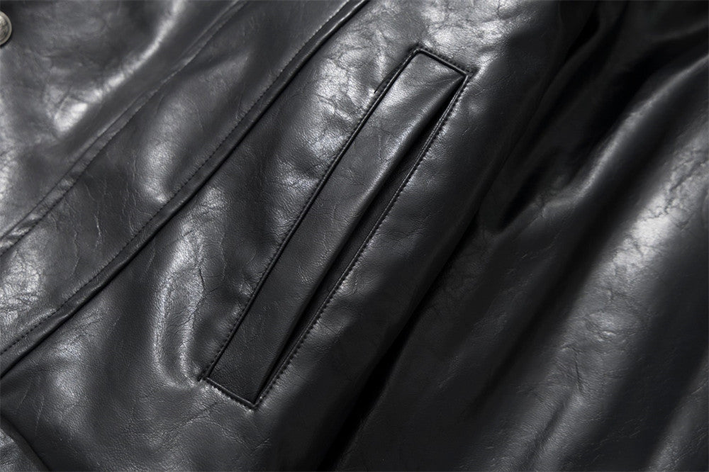 Chaqueta de piel sintética PU negra para hombre con cuello y borde de pelo sintético