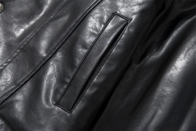 Chaqueta de piel sintética PU negra para hombre con cuello y borde de pelo sintético
