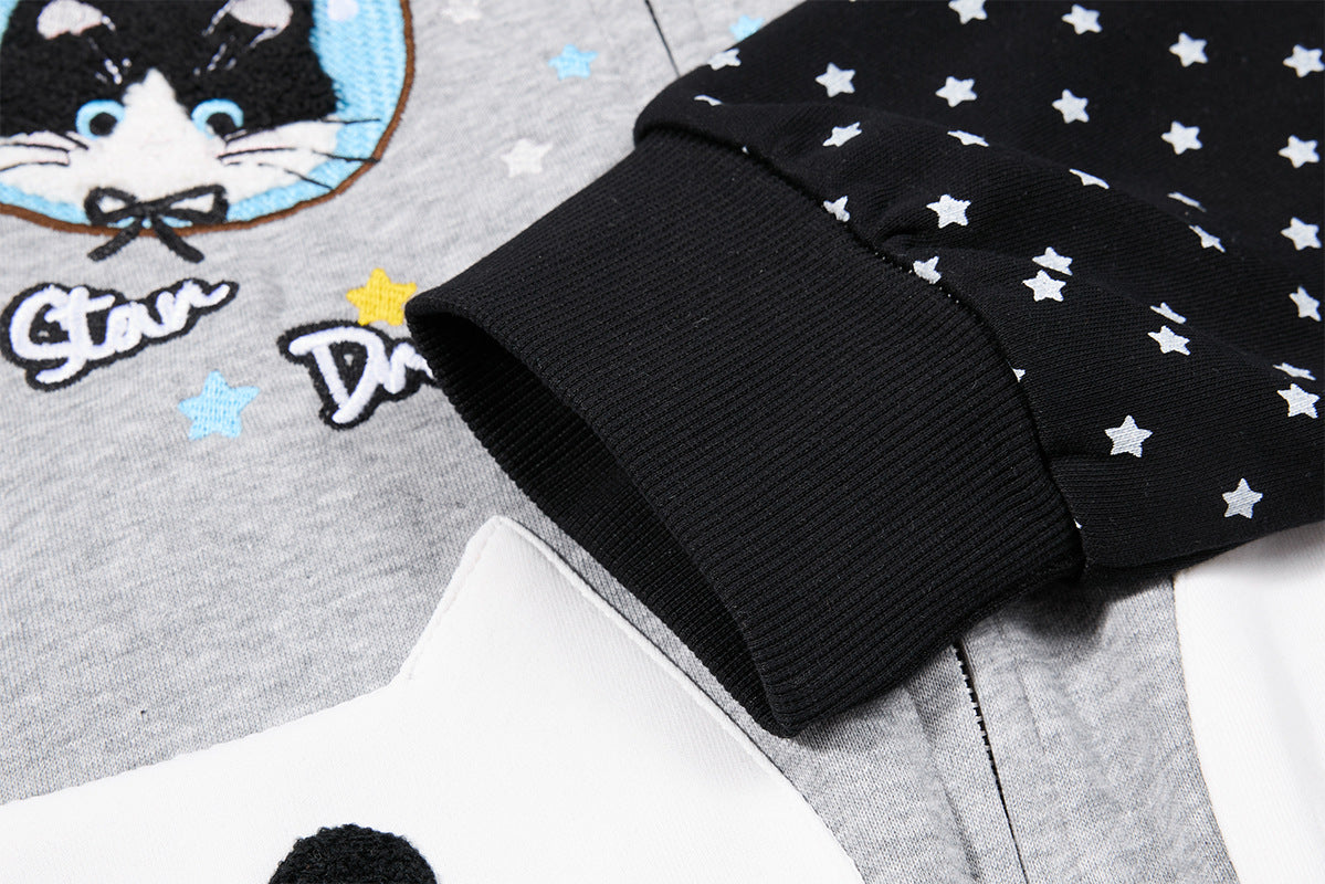 Hoodie zippé à oreilles de chat avec manches raglan étoilées et poches-pattes