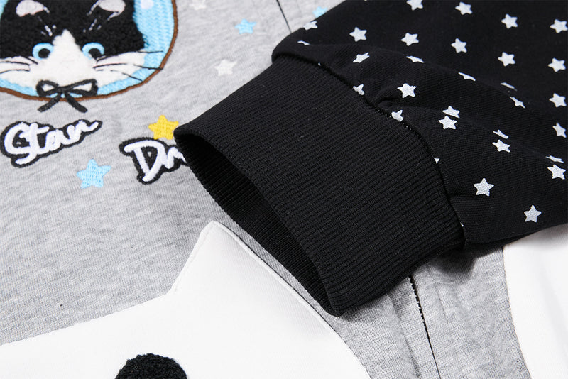 Hoodie zippé à oreilles de chat avec manches raglan étoilées et poches-pattes