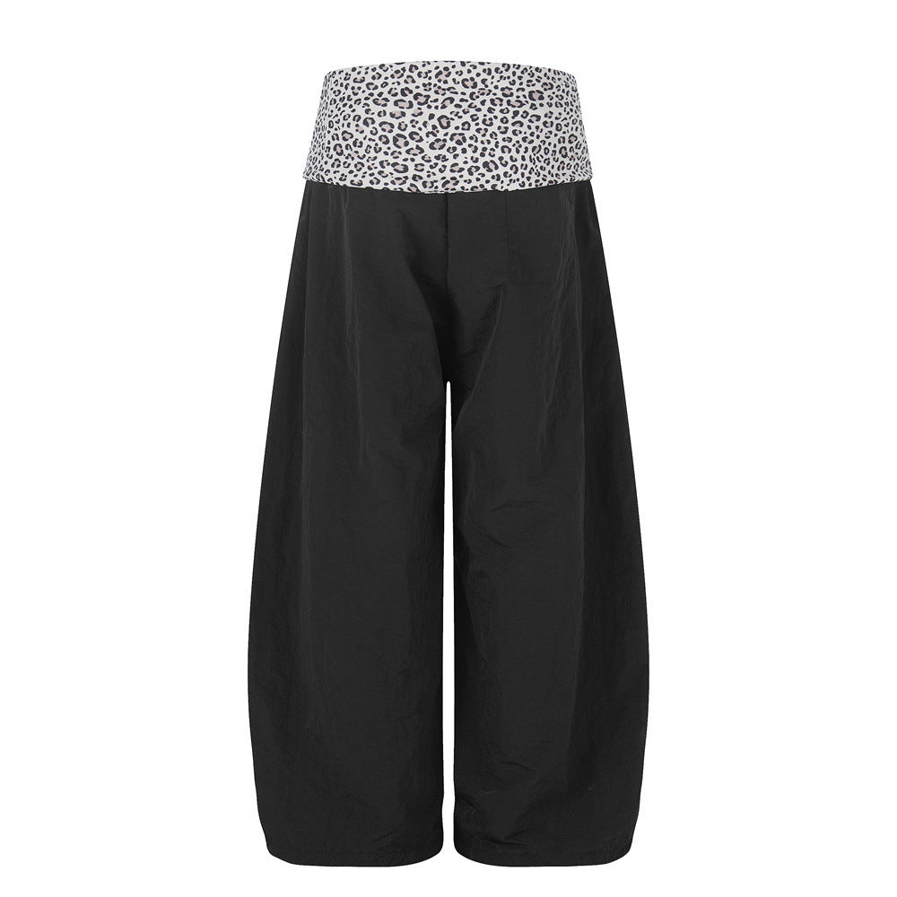 Wide-Leg Balloon Pants with Leopard Print Waistband & Drawstring Hem